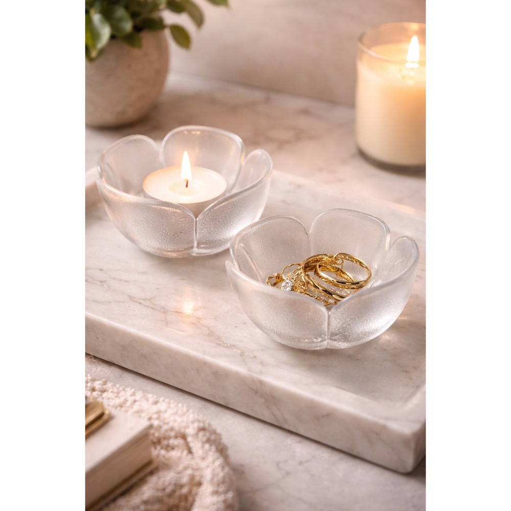 Rosenthal Crystal Flower Bowls Set of 2 Frosted Petal Votive Trinket Ring Dishes